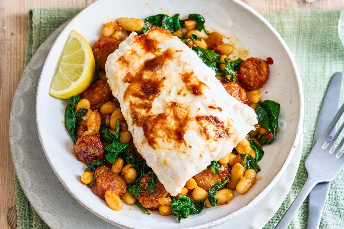 Recipe for Hake with Spicy Beans and Tracklements Fresh Chilli Jam