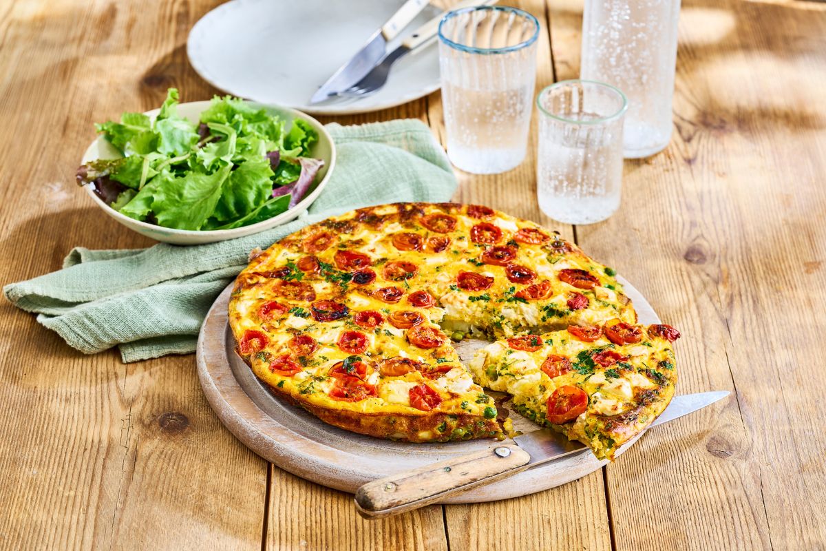 Recipe for Pea, Courgette, Cherry Tomato and Feta Frittata with Tracklements Fresh Mint Jelly